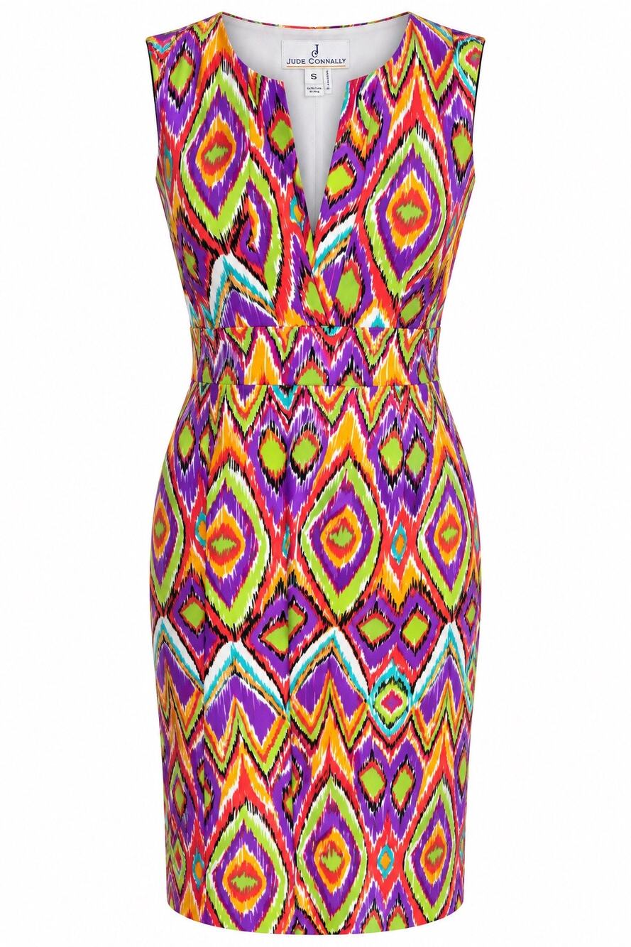 Jude Connally S Multicolor Ikat Geometric Sleeveless Sheath Dress Made USA